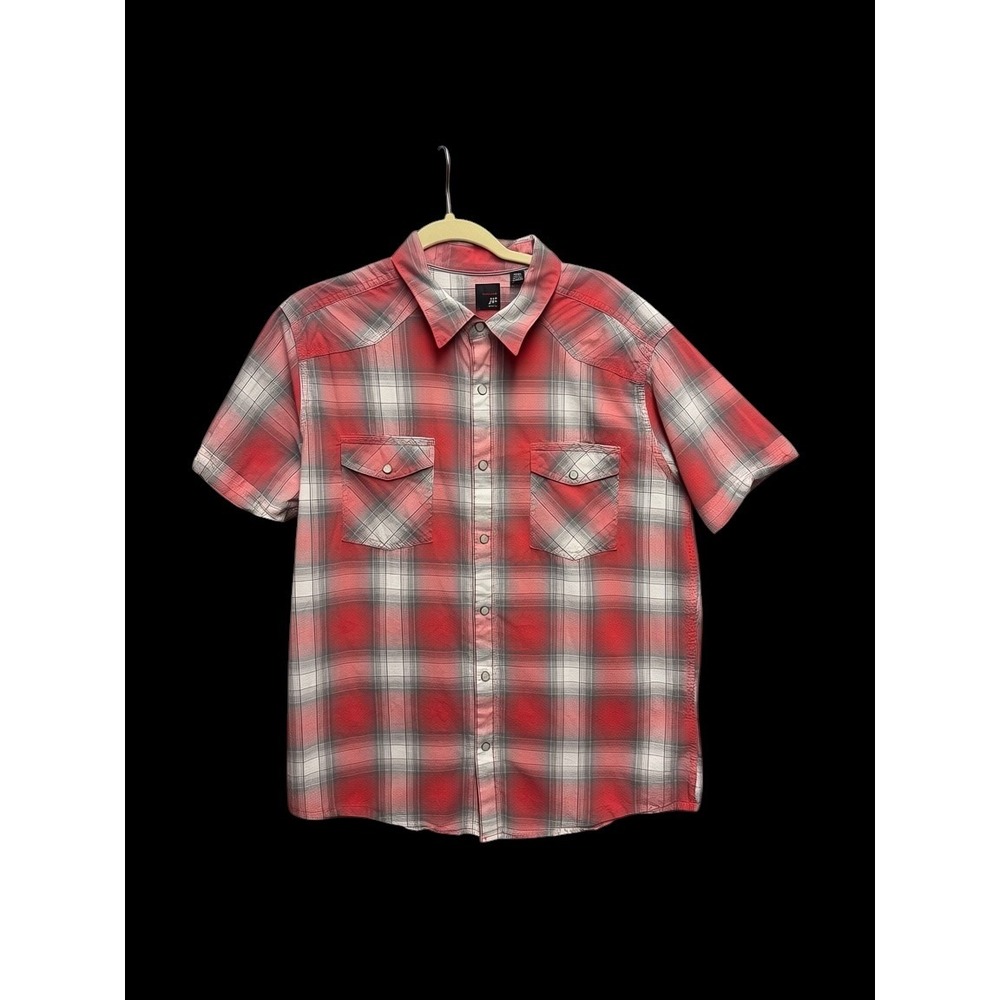 J. Ferrar Shirt Mens XL Red Plaid  Pearl Snap Short Sleeve Casual Western
